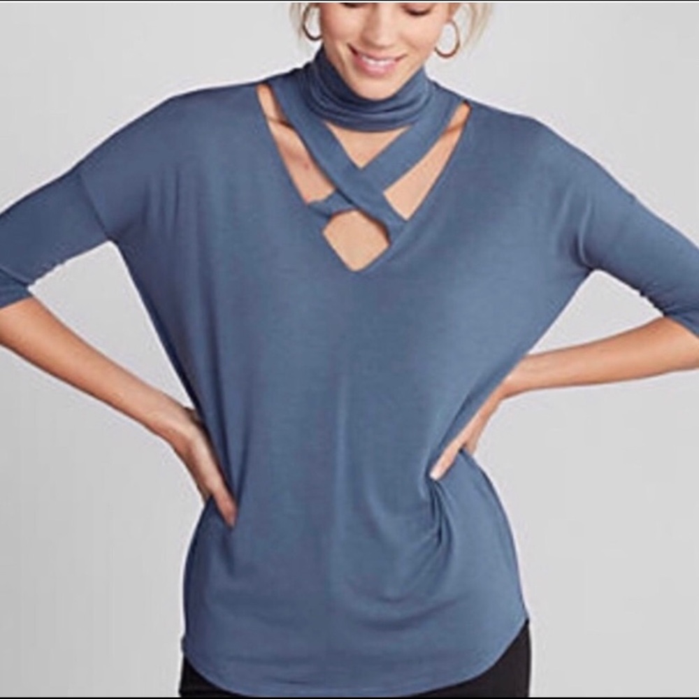 NWOT!  Express Blue Turtleneck V-Neck Top.  Size Medium